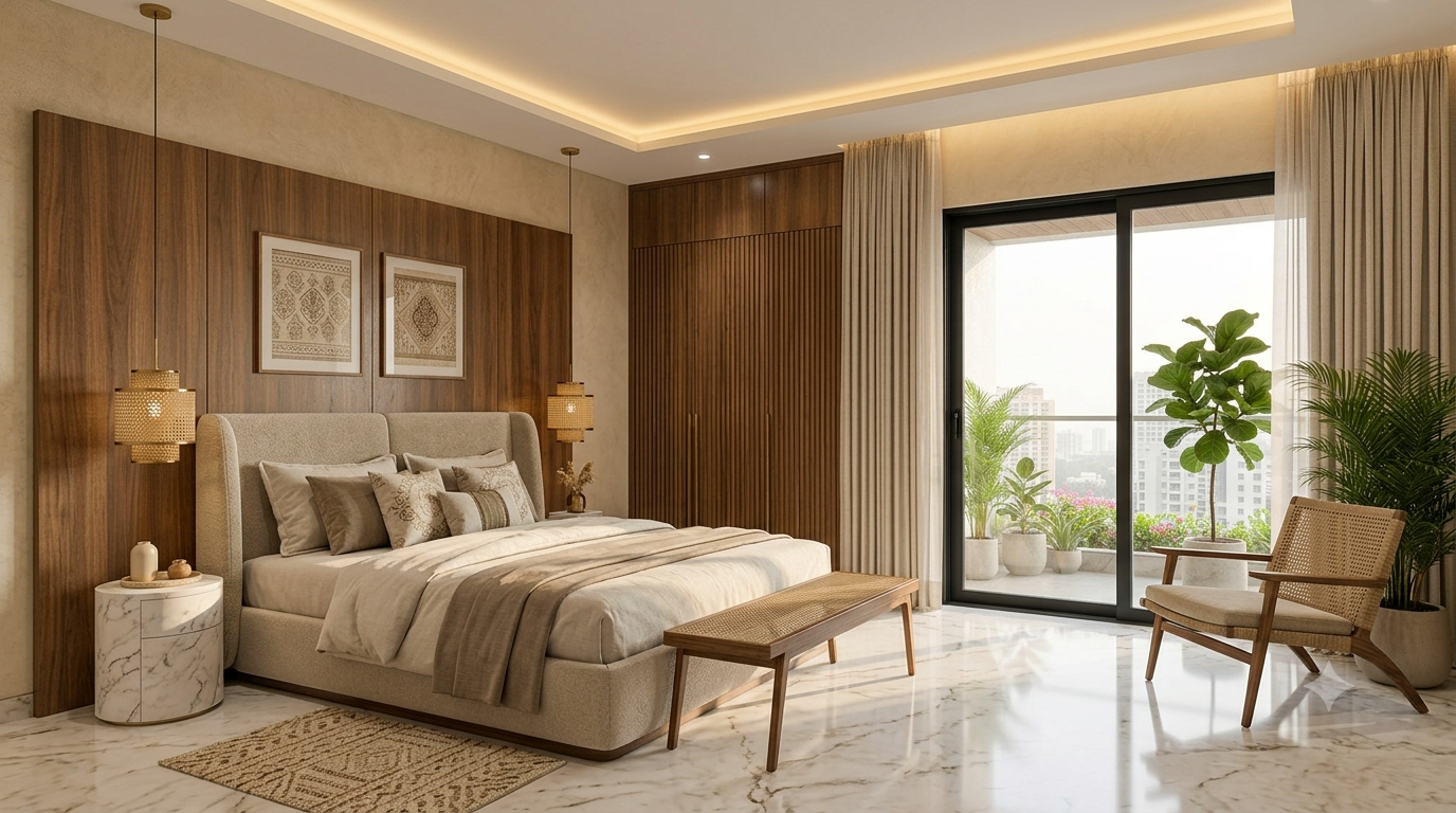 Serene bedroom with walnut headboard wall and warm cove lighting