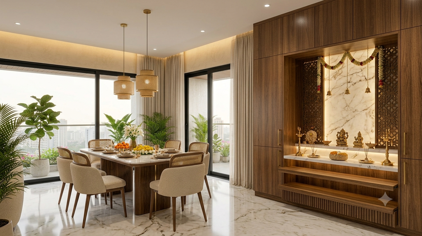 Kitchen with Calacatta marble island and brass pendant lights